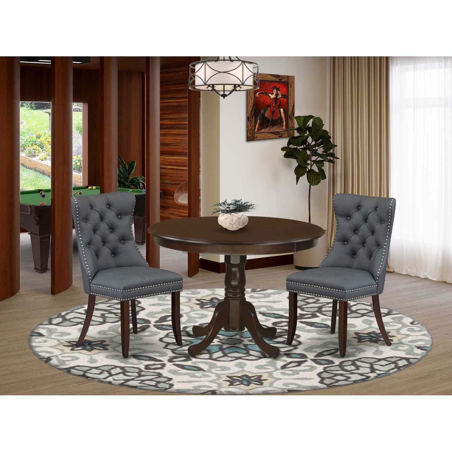 3-Piece Mahogany Finish Solid Wood Top-Round Upholstered Dining Room Set-Seats 4
