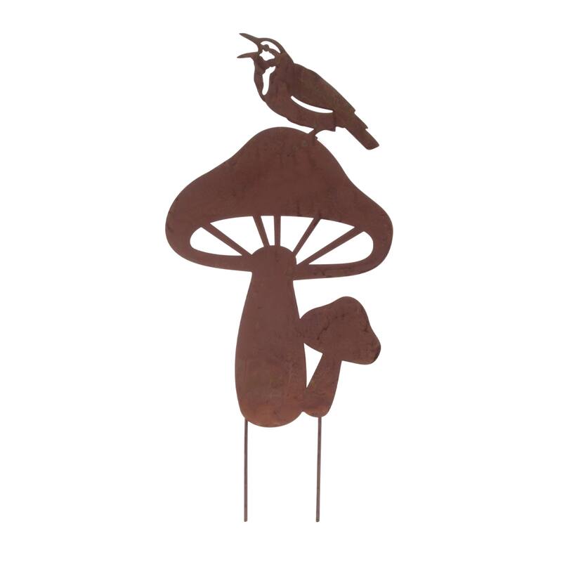 Metal Bird and Mushroom Garden Stake (Set of 2)