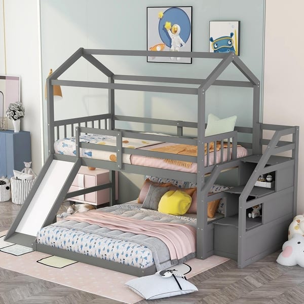 slide 2 of 12, Twin Over Full House Bunk Bed with Convertible Slide and Storage Staircase Gray1