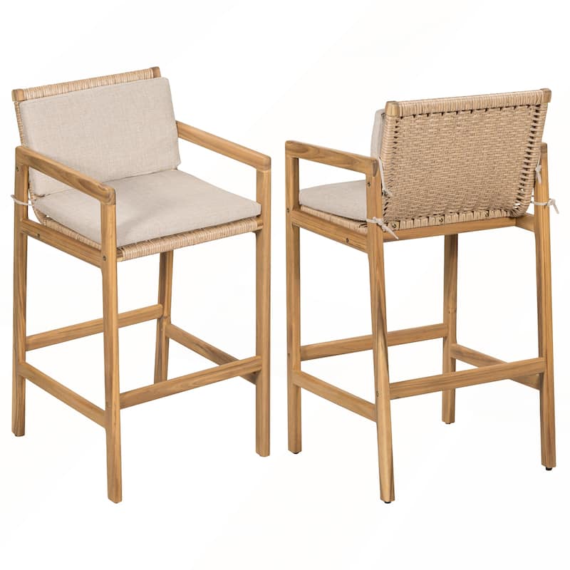 Wood Outdoor Barstool with Beige Cushion Set of 2