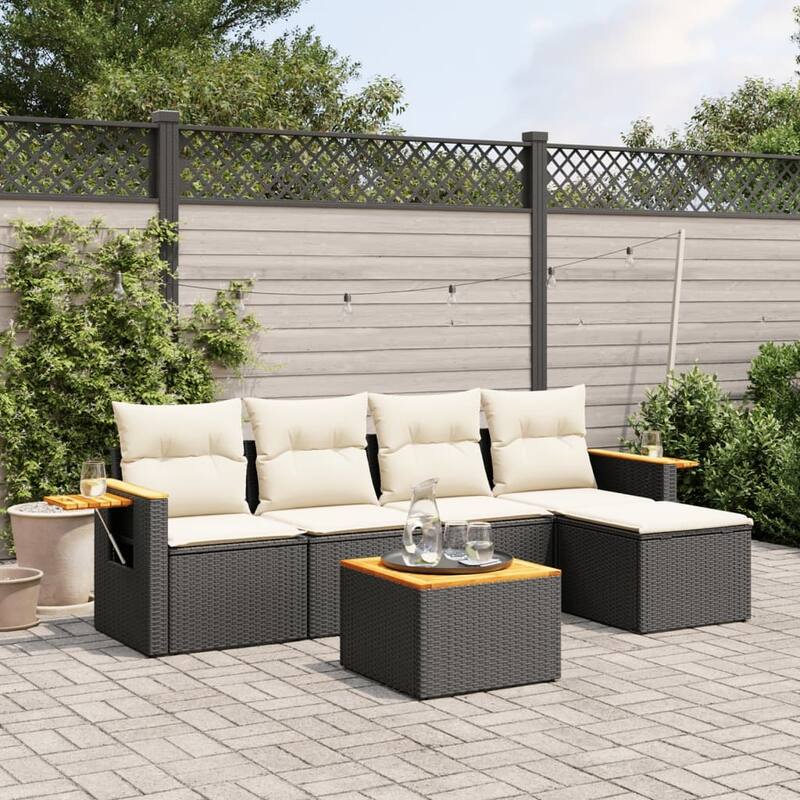 vidaXL Patio Sofa Set with Cushions Outdoor Conversation Furniture Poly Rattan - 21.7 x 21.7 x 14.6 in - Black and cream with table