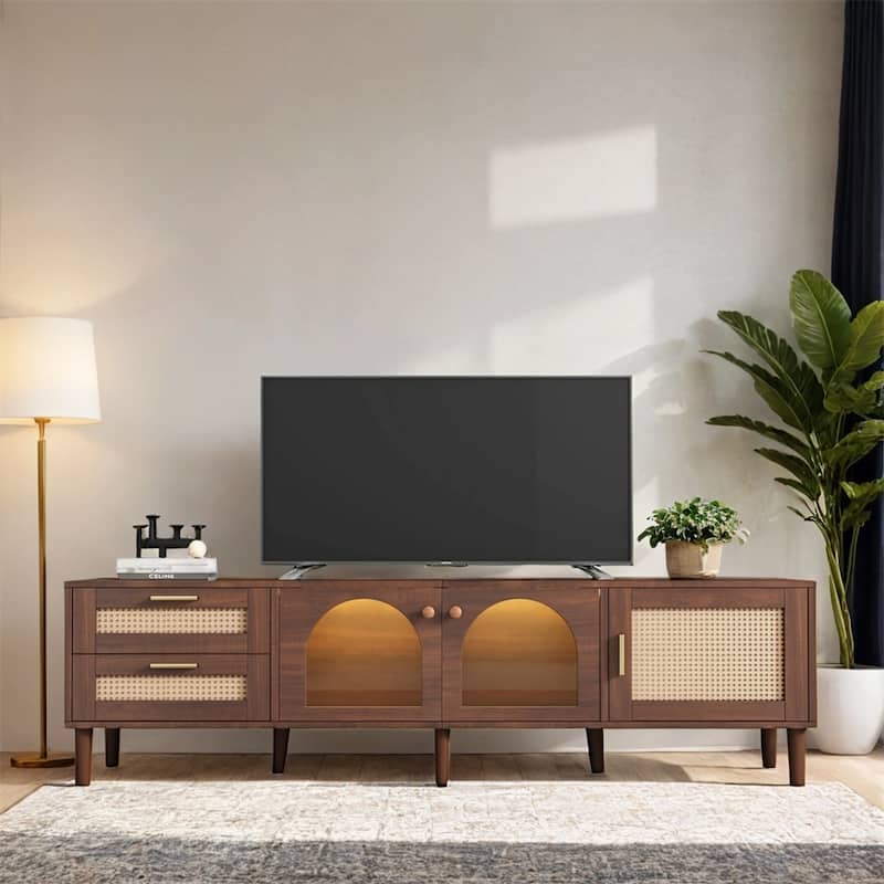 Rattan TV Stand w/Cabinets&Shelves,Rattan-inspired Media Console Table