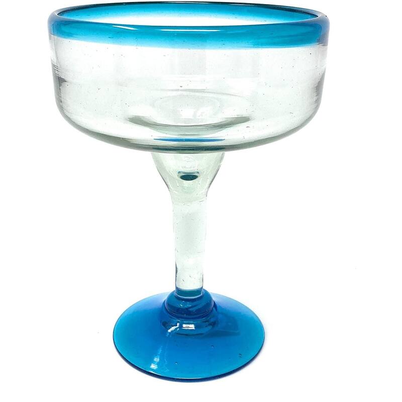 Dos Suenos Mexican Hand Blown Glass - Set of 4 Hand Blown Margarita Glasses (16 oz) with Aqua Blue Rims