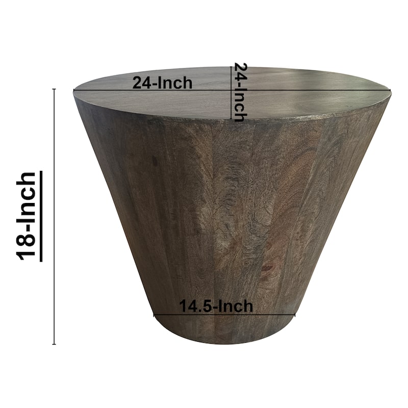 24 Inch Side End Table Round Drum Shape Handcrafted, Distressed Gray, Mango Wood