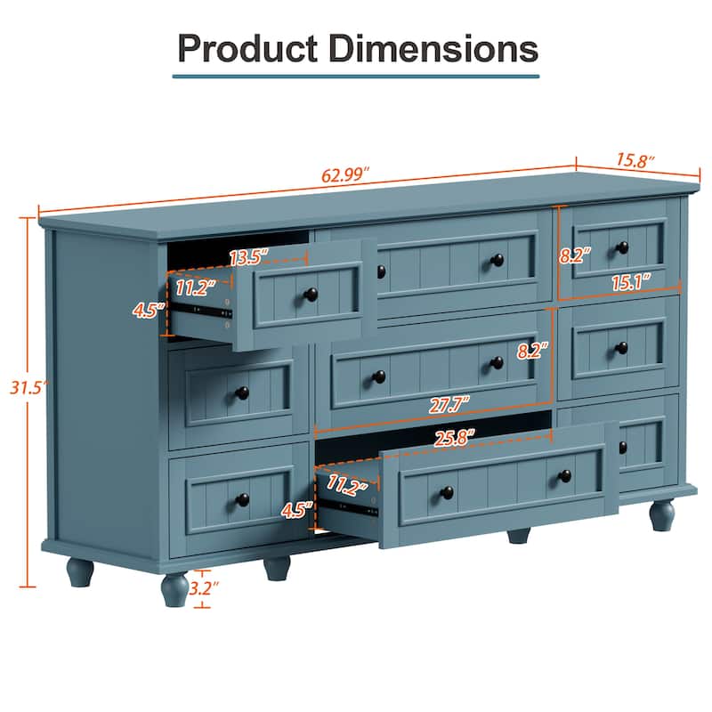 Vintage 9-Drawer Dresser Retro Storage Cabinet with Solid Legs