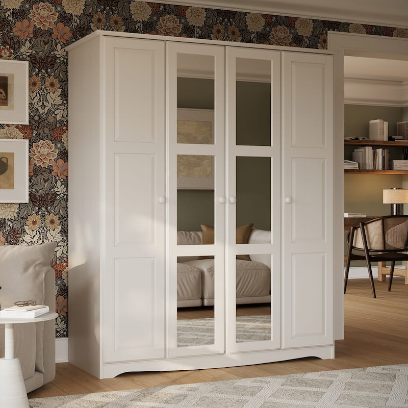 100% Solid Wood Regal 4-Door Wardrobe Armoire by Palace Imports - White-Mirrored Doors