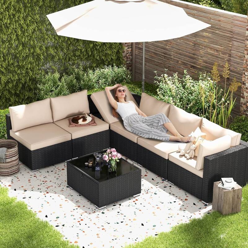 EROMMY 6/7 Piece Modular Outdoor Rattan Sofa Set, All-Weather Wicker Patio Furniture with Storage Table, Cushions & Pillows