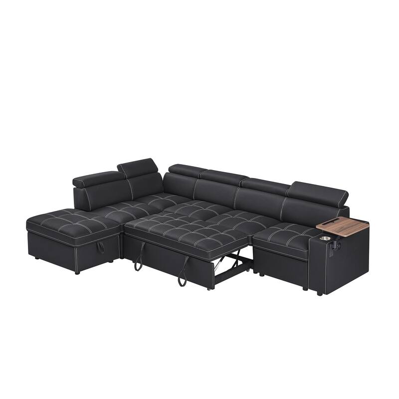 Modern Sectional Sofa Bed with USB Ports and Storage Ottoman and Swivel Table for Living Room and Guest Room