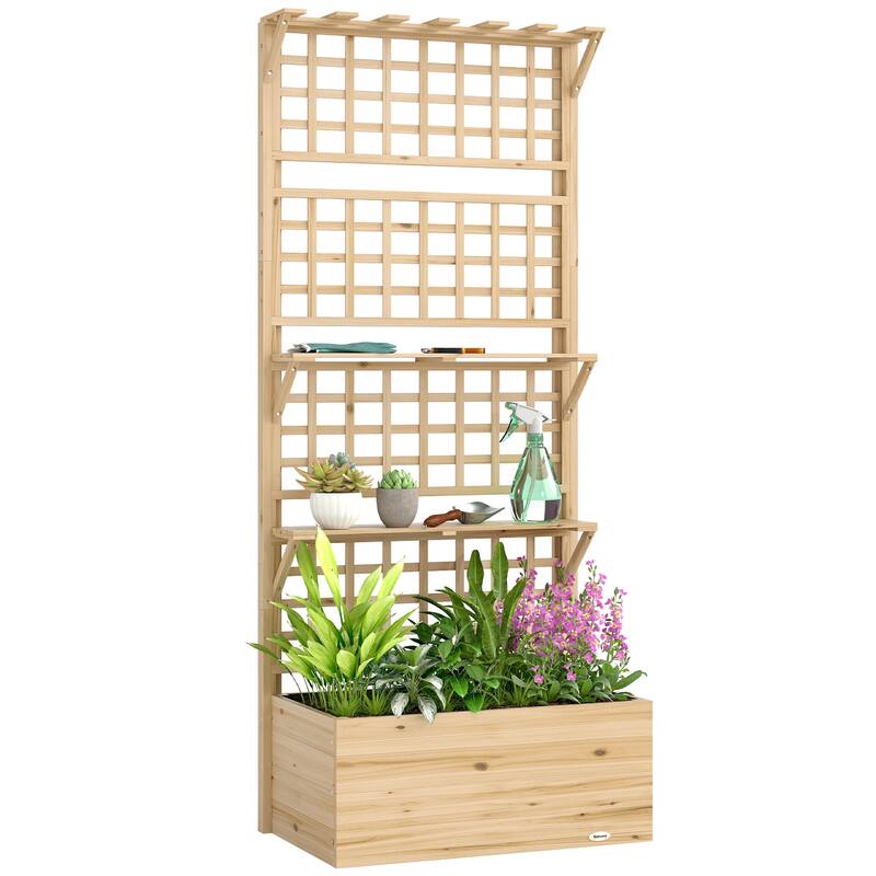 Outsunny Wooden Raised Garden Bed with Trellis and Roof, Elevated Outdoor Planter Box with 2 Shelves,Natural