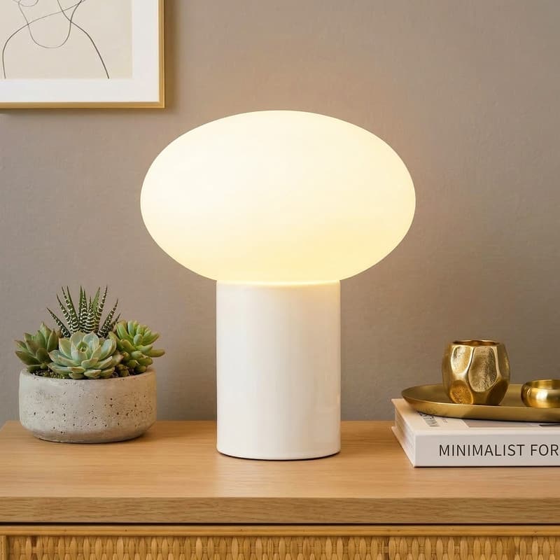 Brightech Ivy LED Glossy Off-White Cream Midcentury Round Globe Dimmable Bedside Nightstand Desk Lamp