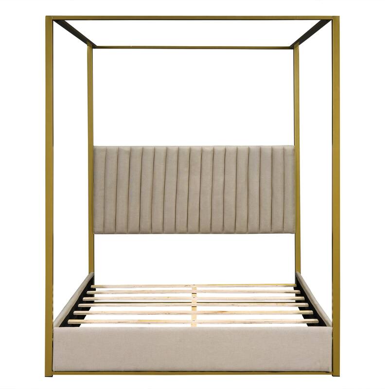 Queen Upholstered Canopy Bed with Headboard, Metal Frame, and Linen Upholstery, 4-Poster Modern Design, Easy Assembly