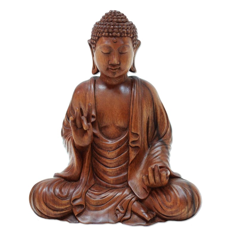 NOVICA Enlightened Buddha, Wood sculpture - 8.25" H x 6.75" W