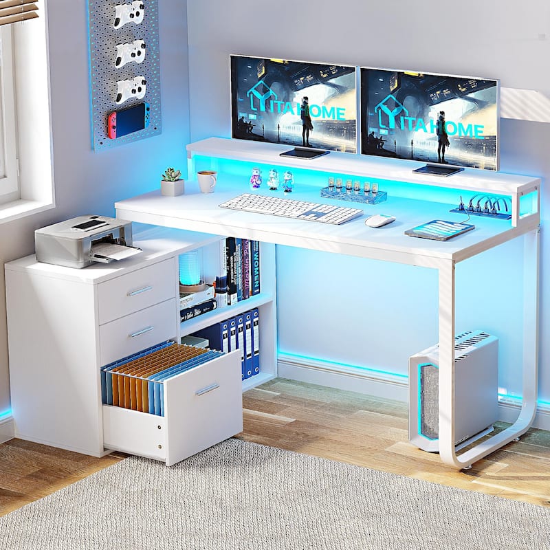 55 Inch L-shaped Gaming Desk with Power Outlets and LED Lights Computer Corner Desk with File Cabinet Monitor Stand