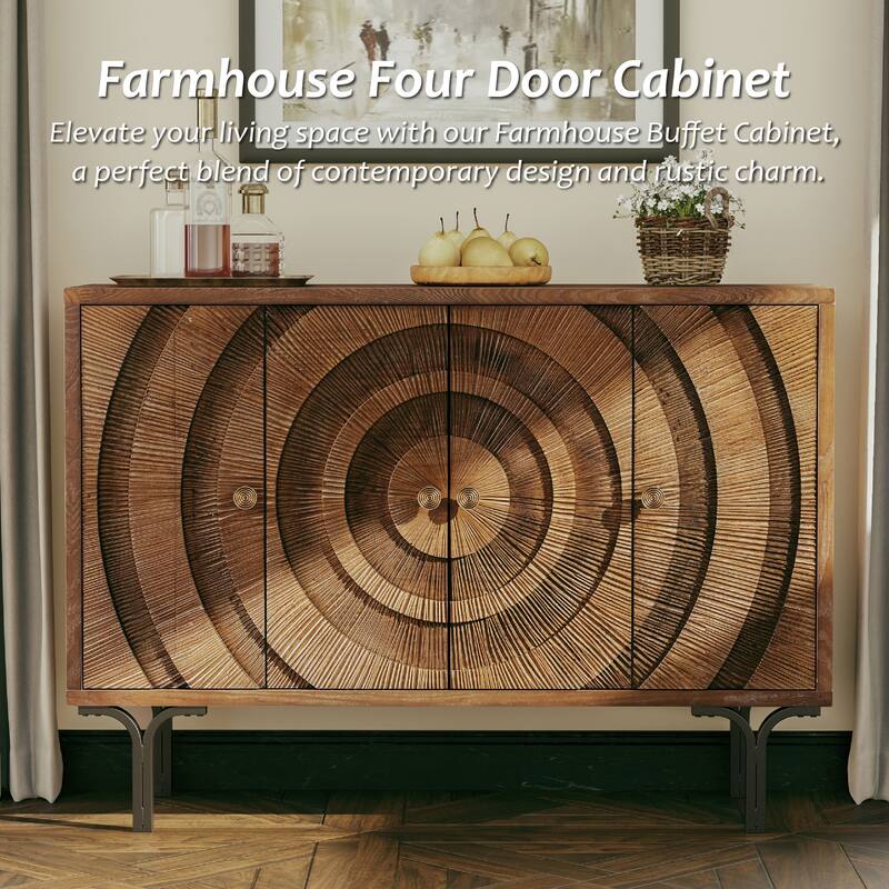 COZAYH Farmhouse 4-Door Storage Cabinet, 6-Drawer Dresser, Sideboard Buffet with Circle Pattern and Radioactive Wood Lines