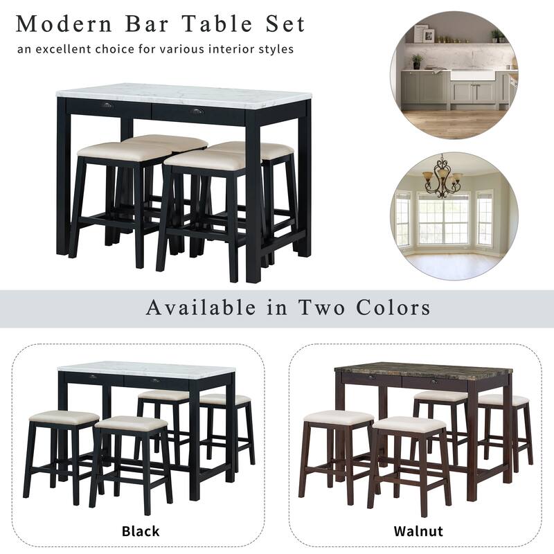 Modern Faux Marble Bar Table Set with Storage & Stools