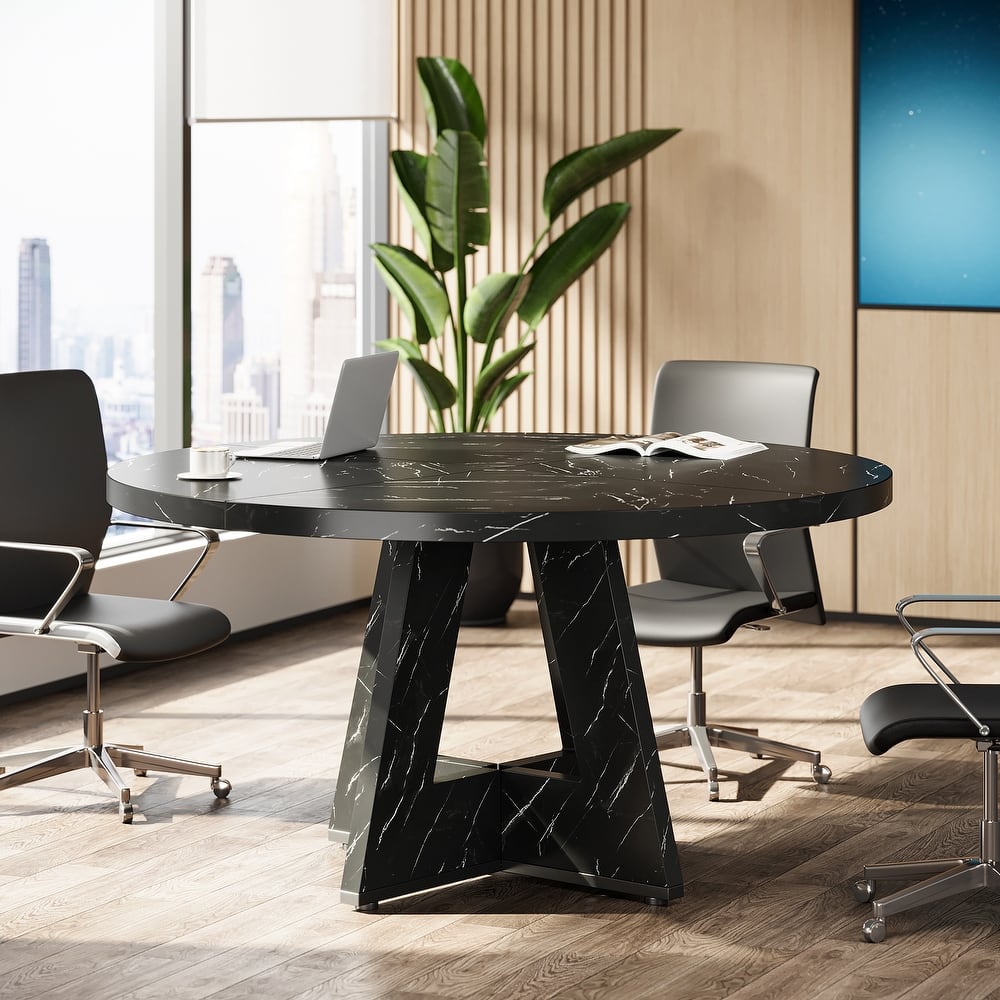 47" Round Conference Table Meeting Room Table with Thickened Top Wood Base Modern Training Desk for Conference/Seminar Room