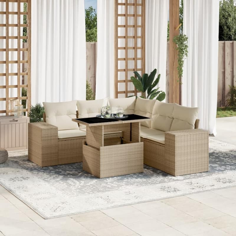 vidaXL Patio Sofa Set with Cushions Outdoor Furniture 6 Piece Poly Rattan - 21.7 x 39.4 x 28.7 - Beige and Cream