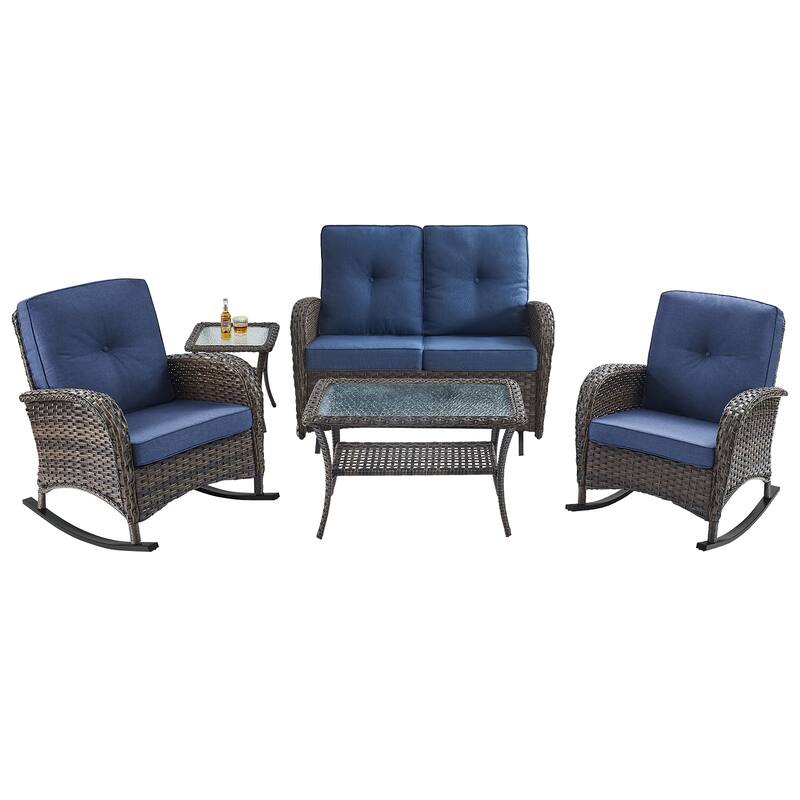 Pocassy 5 Pieces Glider Sofa with Rocker Chairs Ottomans