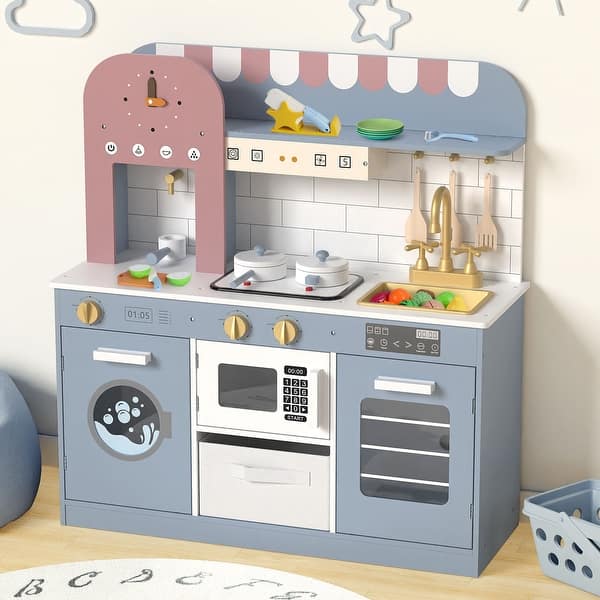 slide 2 of 7, Bule Wooden Kitchen Playset Chef Pretend Play Set for Toddlers, Toy Kitchen with 26 Pcs Toy Food & Cookware Accessories