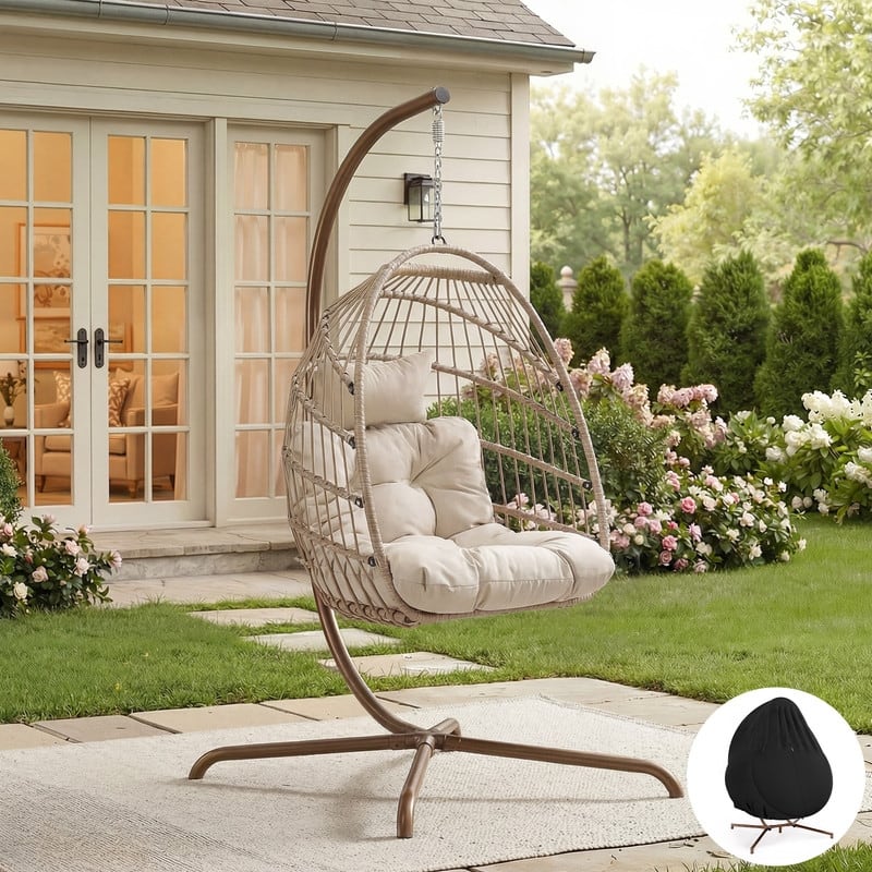 Oversized Wicker Hanging Egg Chair with Stand, Outdoor Indoor Swing Chair with Cushion, 350 lb Capacity - Beige/Cover