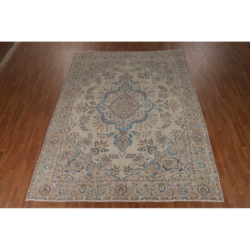 Hand Knotted Oriental 100% Wool Carpet Traditional Floral Beige & Ivories Tabriz Area Rug - 11' 0'' X 8' 2''