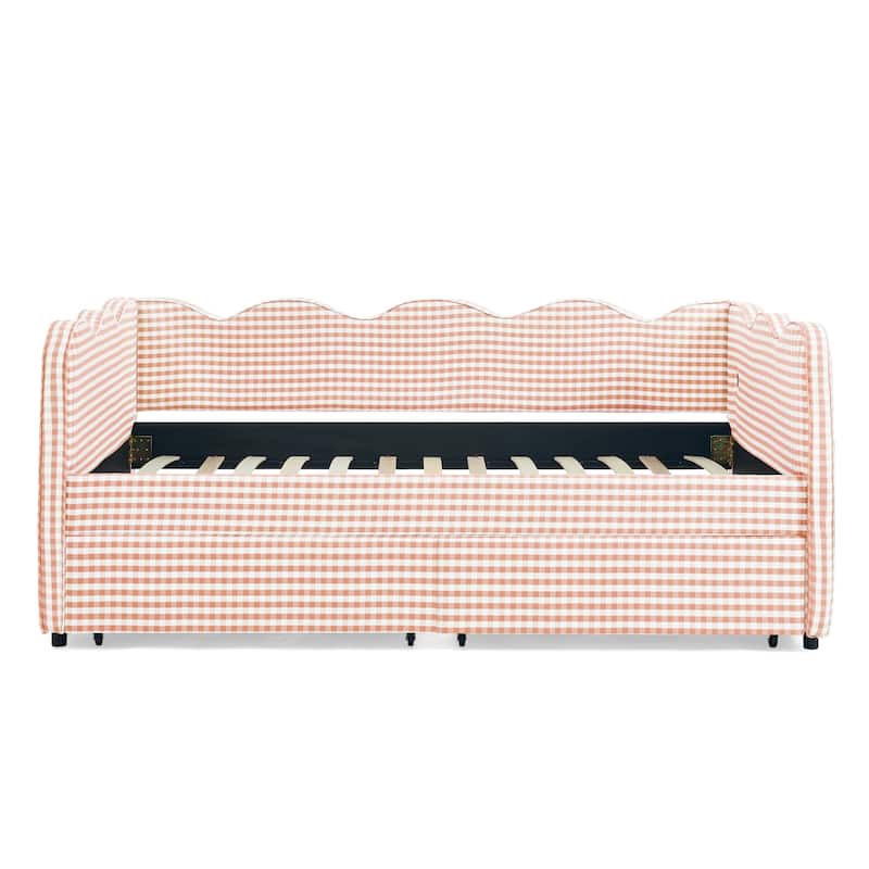 Twin Size Gingham Linen Upholstered Daybed with 2 Storage Drawers, USB Charging Station & Waved Arms