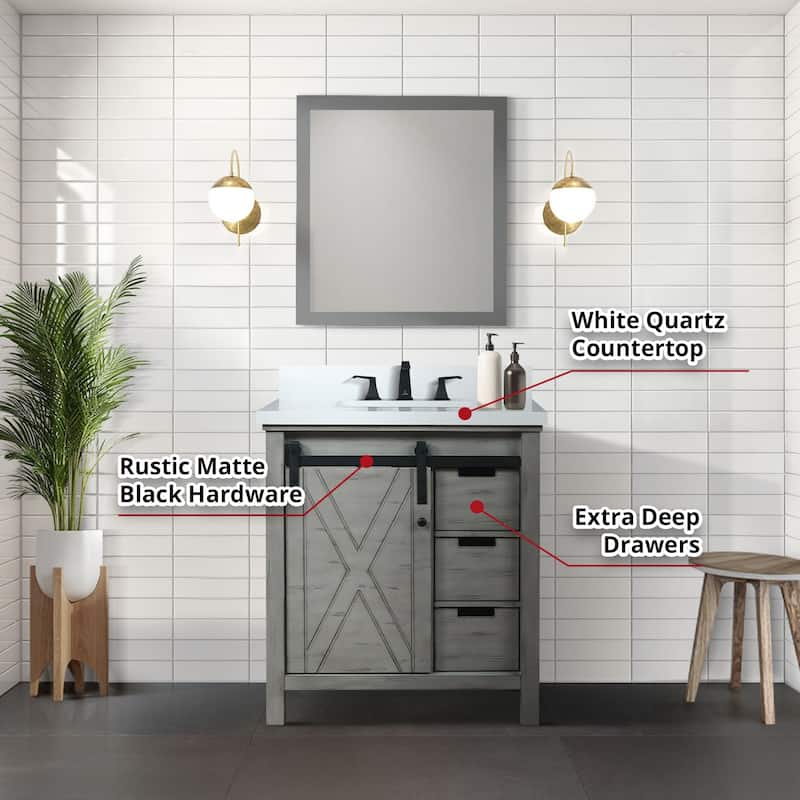 Marsyas 30 in W x 22 in D Ash Grey Bath Vanity, White Quartz Countertop and 28 in Mirror