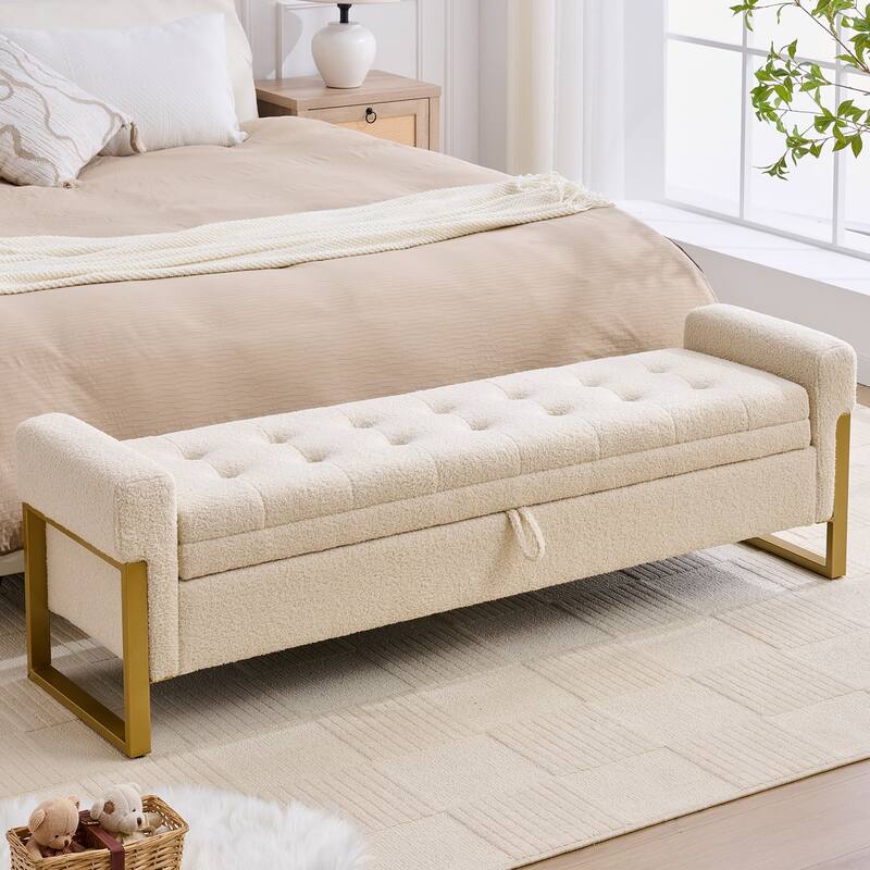 66" Storage Bench for Bedroom End of Bed with Single Lids and Gold Legs