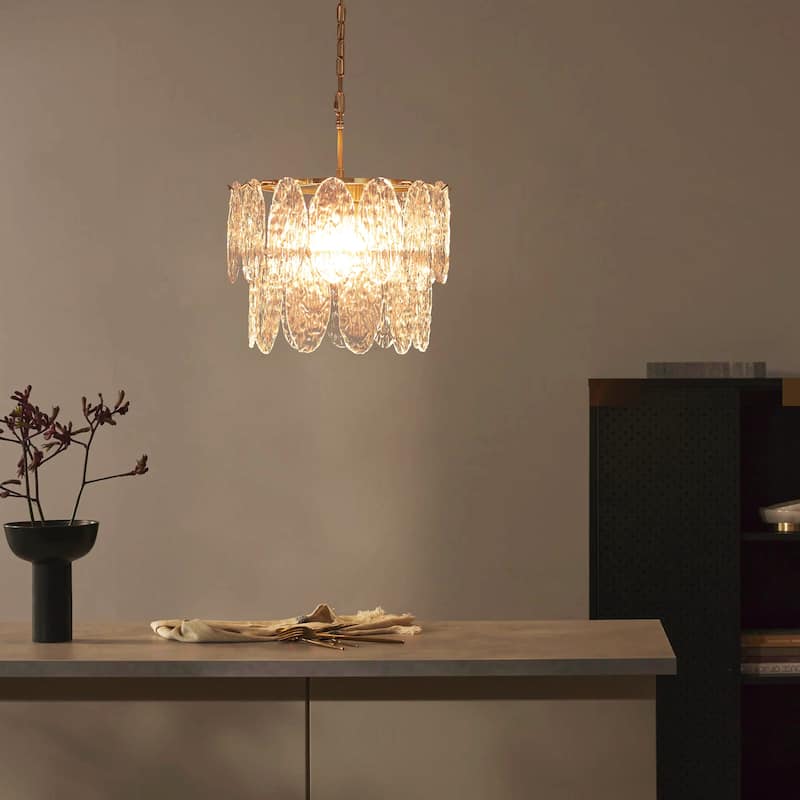 15.7" 2-Light Modern Luxury Gold Handmade Clear Textured Leaf-Shaped Glass Tiered Chandelier for Living Room, Dining Room