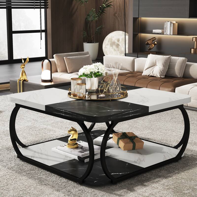 Square 2-Tier Coffee Table with Storage Shelf, 39 inches Low Farmhouse Wood Coffee Table for Modern Living Room