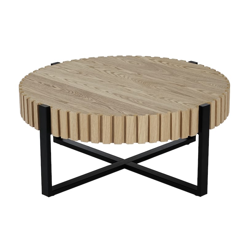 Roomfitters 31.5" Round Drum Coffee Table, Handcrafted Gear-Design Wood Grain Top with Modern Black Cross Metal Base