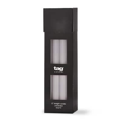 Color Studio 12" Straight Taper Unscented Smokeless Paraffin Wax Candle White, Burn Time 12 hrs. Set 12