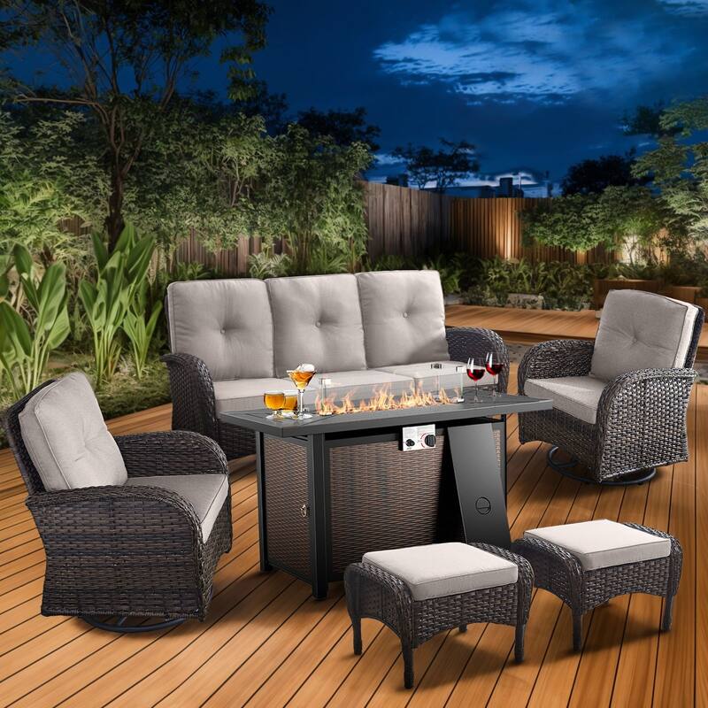 Pocassy Outdoor Fire Pit Conversation Sofa Set - Brwon Wicker Beige Cushion - 7PCS Fire Table w/ Sofa Swivel Chair Ottoman