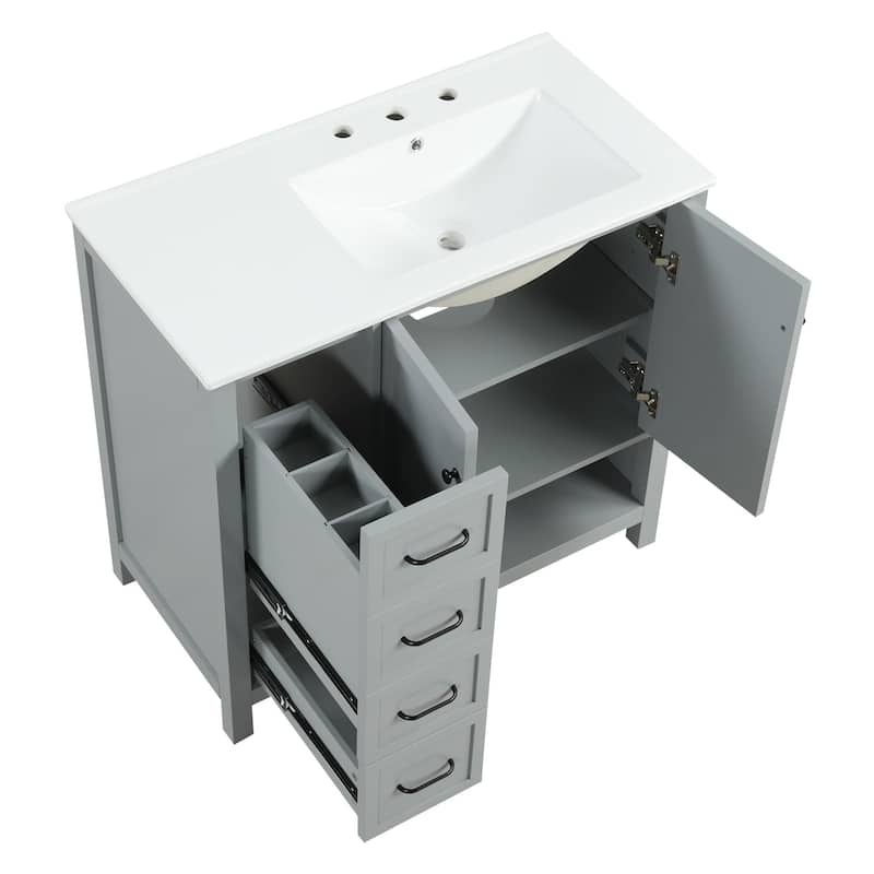 36" Bathroom Wood Storage Vanity Cabinet with Ceramic Sink, Open Shelf