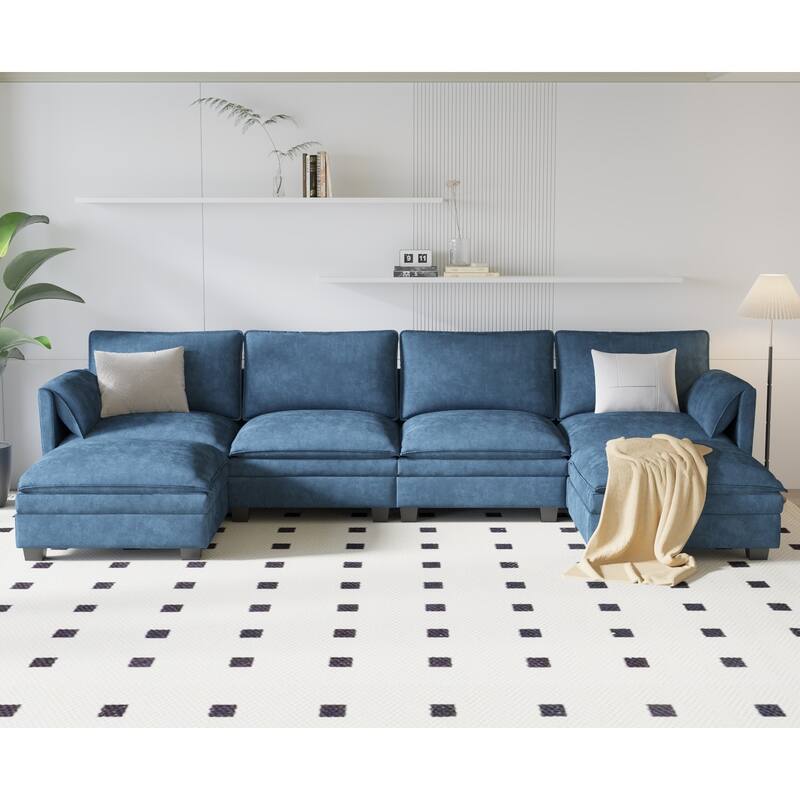 GDFStudio - Noah 141.5" U-Shaped 6-Seater Sofa Couch with Movable Ottoman and Armrest Pockets, Fabric Upholstery - U-Shape