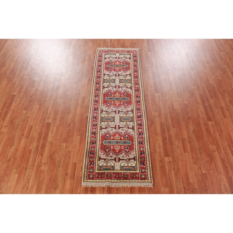 Hand Knotted Oriental 100% Wool Carpet Traditional Geometric Greys & Charcoal Heriz (serapi) Runner Rug - 7' 10'' X 2' 7''