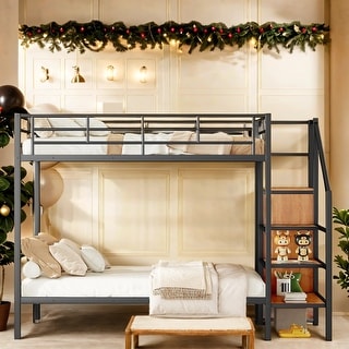 Full Over Full Metal Bunk Bed with Lateral Storage Ladder and Wardrobe, Space Saving