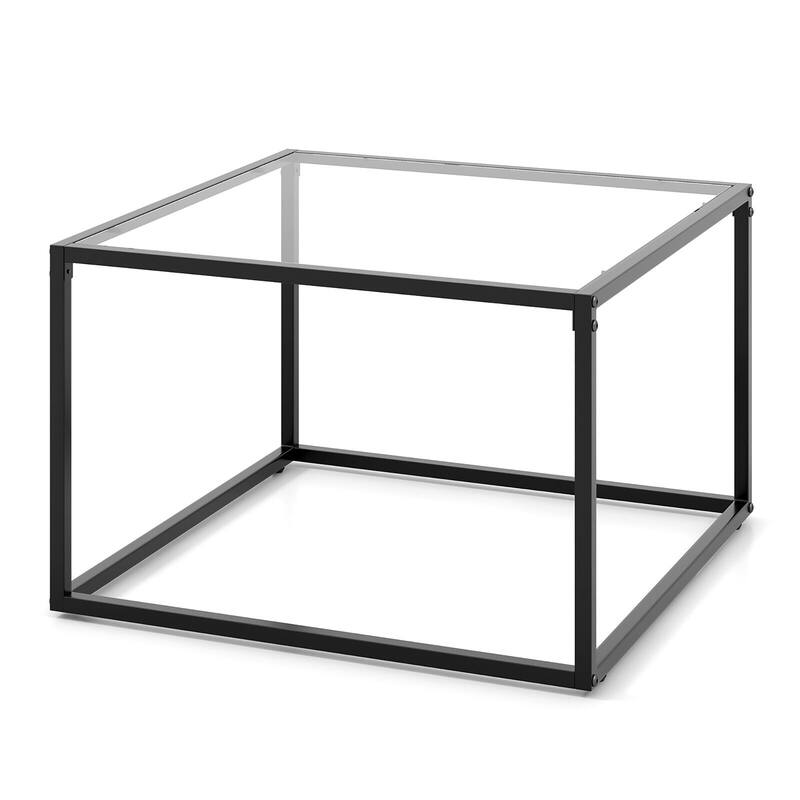 Gymax Glass Coffee Table 27.5 Inch Modern Square Metal Frame Living