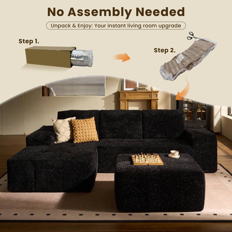 HOOOWOOO Modern Sparkly Velvet Fabric Chaise Sofa Couch with Ottoman