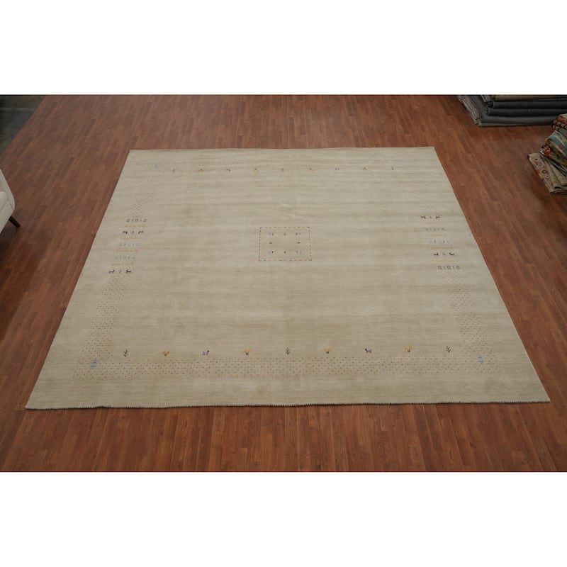 Hand Knotted Oriental 100% Wool Carpet Tribal Animal Pictorial Beige & Ivories Gabbeh Area Rug - 11' 10'' X 12' 3''