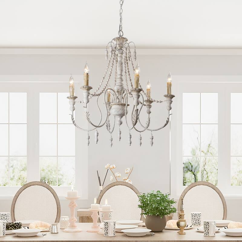 6-Light Farmhouse Antique White 6-Light Distressed Wood Empire Chandelier - 29.5-in W