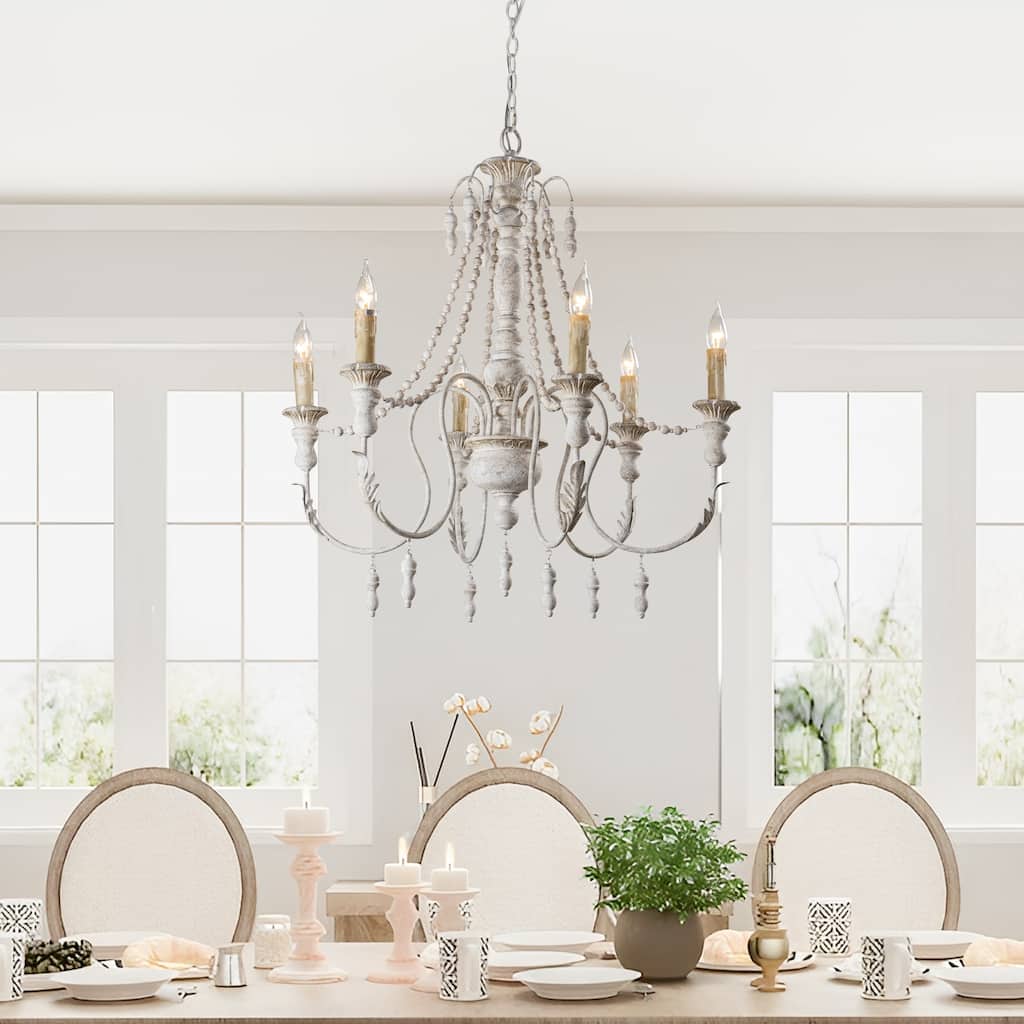 6-Light Farmhouse Antique White 6-Light Distressed Wood Empire Chandelier - 29.5-in W