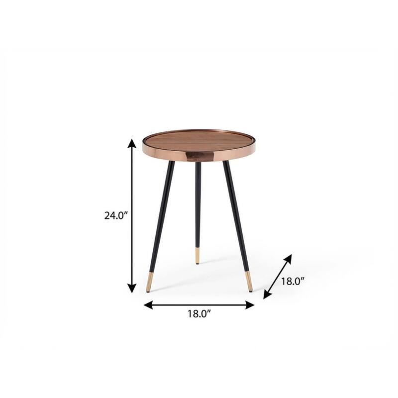 HomeRoots 24" Walnut Black And Rose Gold Wood and Stainless Steel Round End Table - 18.00 in. x 24.00 in. x 18.00 in.