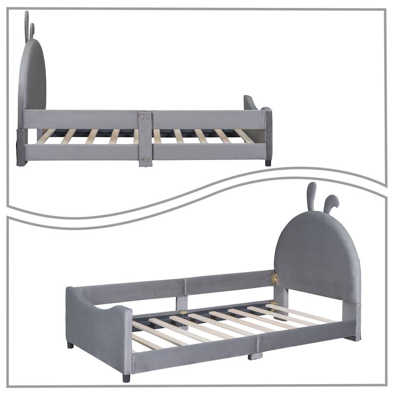 Stylish Lovely Twin Size Velvet Upholstered Platform Bed Frame with Unique Decorated Headboard