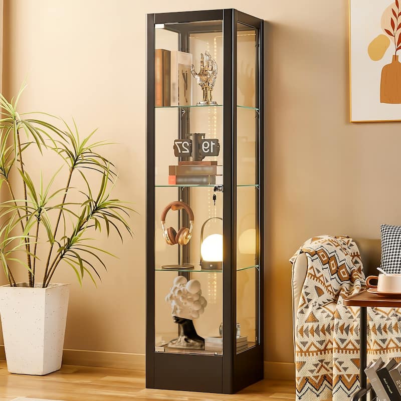 4-shelf Glass Curio Display Cabinet with Doors, RGB Light & Adjustable Storage Shelves - 63"H x 15.8"W x 15.8"D - Black