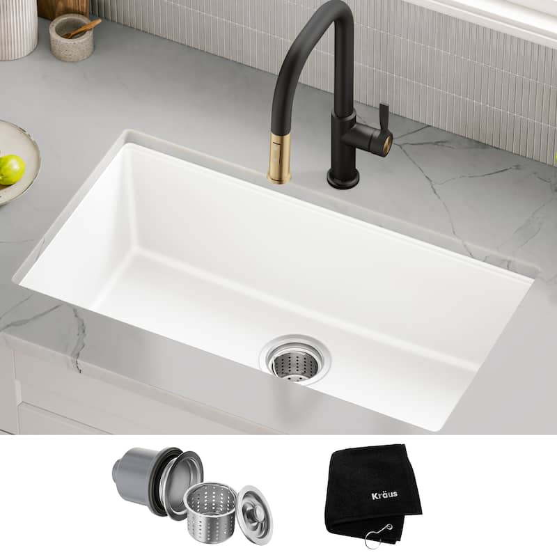 KRAUS Granite Black Onyx 31 inch 1-Bowl Undermount Kitchen Sink - White - 30 1/2" x 17" (sink KGU-413BWHITE)