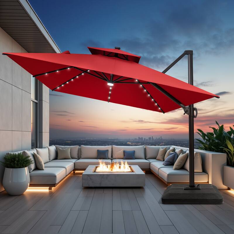 10X13 FT Outdoor Cantilever Patio Umbrella Solar LED Light with Weights Base