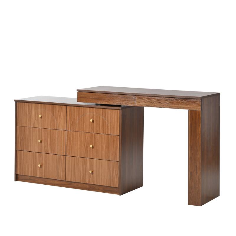 Makeup Vanity Desk with Flip-Top Mirror and Lights, L-shaped Makeup Vanity Dressing Table with 7 Drawers for Bedroom