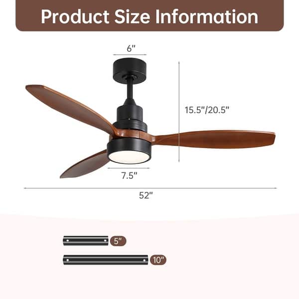 dimension image slide 23 of 29, Sofucor 42"/48"/ 52"/60"Noiseless Walnut Wood Ceiling Fan with Remote Control, Integrated Light Optional