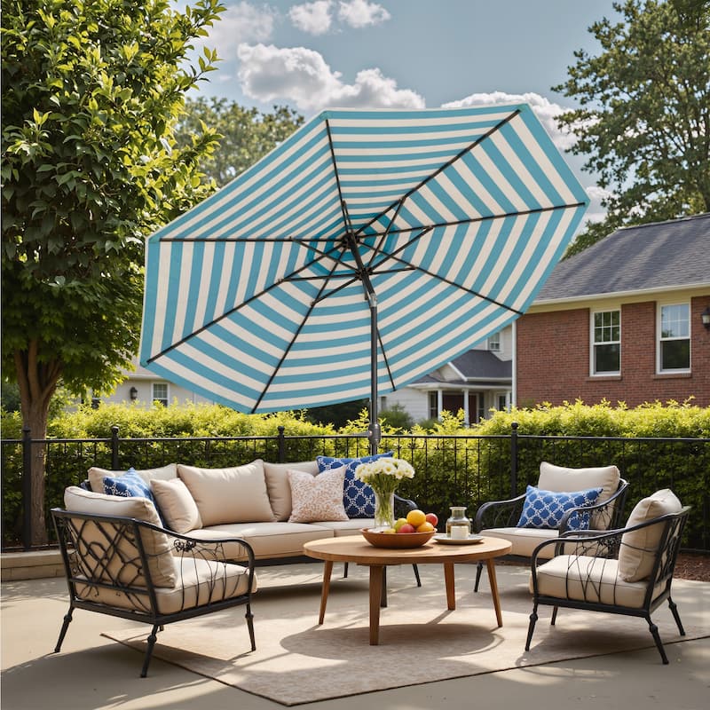 Patiowell 9 FT Outdoor Patio Umbrella, Outdoor Table Umbrella, Yard Umbrella, Market Umbrella with Push Button Tilt and Crank - Blue and White